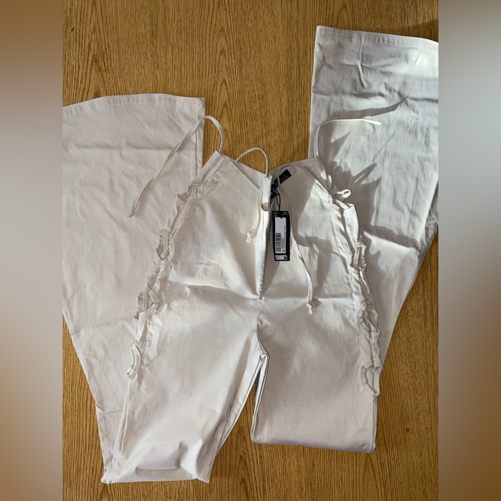 PrettyLittleThing Cream Lace Up Trim Pants